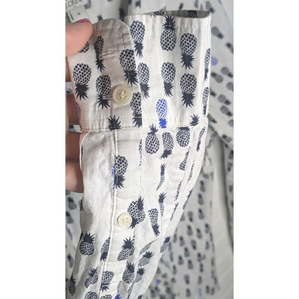 J Crew Women's Button Up Blouse Medium White Pineapples Long Sleeve 100% Cotton - Picture 3 of 8